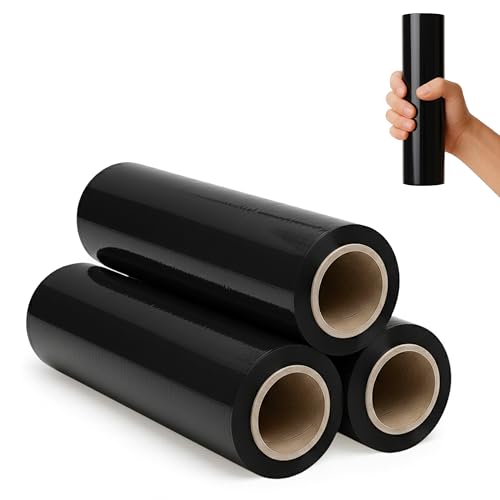 RAGO® Film étirable Noir 25 cm – 3 rouleaux – Film d’emballage opaque 300 g avec mandrin Ø38 mm – Film palette déménagement – Sécurité &...