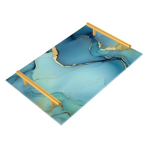 Bandeja decorativa de mármol azul salvia verde con asas con asas para joyas, perfumes, restaurantes, bandejas decorativas para sala