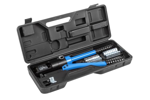 HÖGERT TECHNIK Prensa de cables hidráulica 16 300 mm², fuerza de sujeción de 10 toneladas, juego de crimpado (11 tamaños), para cables de cobre y aluminio, cabezal giratorio, maletín