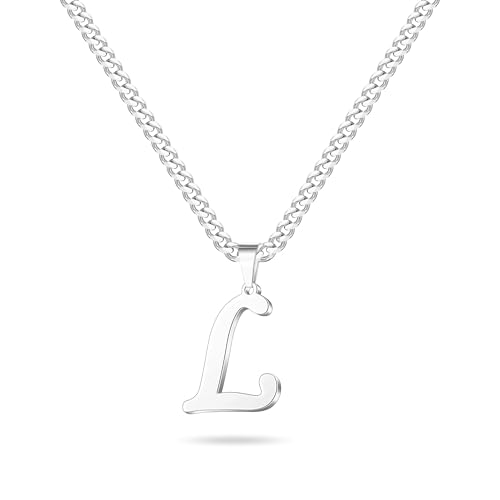 Mens Necklace - Silver Letter L Initial Necklace for Men Women Stainless Steel Letter Pendant Cuban Link Chain Initial Necklaces Graduation Fathers Birthday Gifts for Men Son Dad Husband Boyfriend