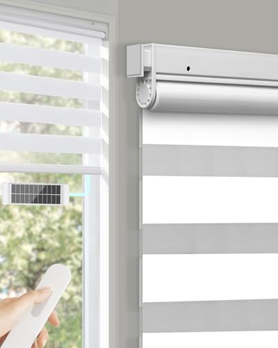 LICHTDIM24 No Drill Motorized Zebra Blinds with Remote,Cordless Shades Dual Layer,Thermal Insulated Upgraded Shades(White,34.5' W x 72' H)