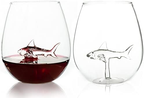 Stemless Wine Glass with Shark Inside, 16 OZ Large Capacity Unique Wine Glasses with 3D Shark Marker for Holiday Birthday Gifts