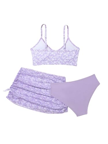 Image of COZYEASE Girls' 3 Piece Set Floral Print Bikini Swimsuit with Drawstring Beach Skirt Cute Ruched Bathing Suit Floral Printed Purple 9 Years