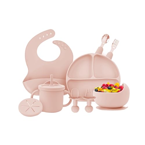Image of OWS Baby Feeding Set (11 pc) - Certified BPA-Free 100% Food Grade Silicone with Suction Bowl, Divided Plate, Sippy Cup with Straw & 2 Lids, Adjustable Bib, and Weaning Utensils (Light Pink)