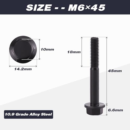 Image of M6-1.0 x 45mm (20 pcs) Flanged Hex Bolt Screws Black Oxide Finish, 10.9 Grade Alloy Steel, Large Flange Washer Head, DIN6921 /GB5789, Partial Thread