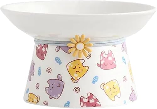 セラミック猫用ボウル - 転倒防止ペット猫用飲用水ボウル、頸椎保護設計、漫画ストライプ猫用フードボウル、犬に最適、滑り止め、耐久性がありお手入れ簡単 (皿,?色小?)