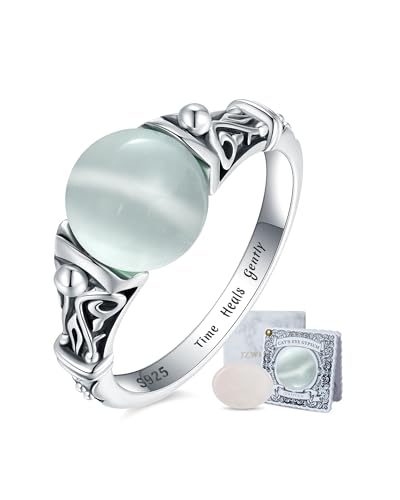 JZWUYAN Decompression Swivel Ring - 925 Sterling Silver Natural Gemstone Ring with Amethyst Moonlight Obsidian Garnet JZWUYANAnxiety Relief Crystal Healing Jewelry Gift for Women Mom Daughter She (Selenite Cats Eye 7)