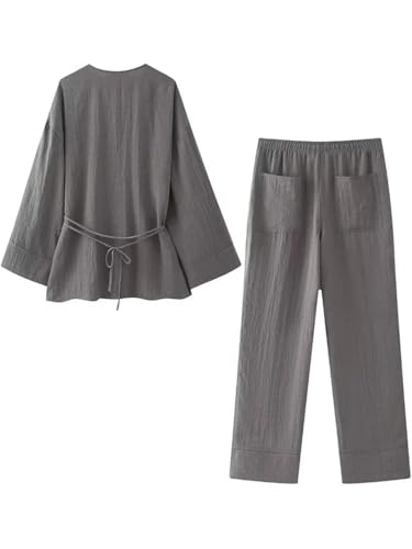 Women Two Piece Set Solid Lace Up Loose Coats & Vintage High Elastic Waist Trousers Sets2