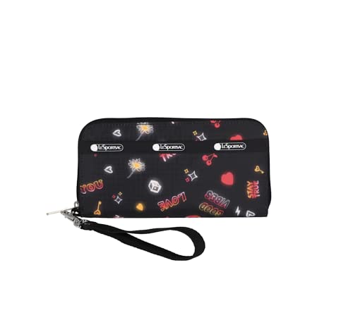 LeSportsac Stay True Tech Wallet Wristlet, Zip Around Wallet/Detachable Wristlet Strap, Holds Cell Phone, Style 3462/Color E481, Empowering Pop Art Style Words: Be You, Stay True, Shine + Hearts