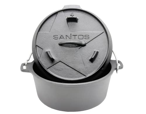SANTOS Dutch Oven mit Deckel - Schmortopf für Außenküche - 3,7L/4,5Qt Feuertopf - Gusseisen - ideal für Lagerfeuer, Feuerstelle, Kohle- oder Gas-Grill