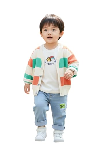 [EnDast] 3点セット ボーダー柄 カーディガン デニムパンツ 長袖Tシャツ 上下セット ジーパン ボタン セットアップ 韓国子供服 男の子 ボーイズ 80cm 90cm 100cm 110cm (110, オレンジ)