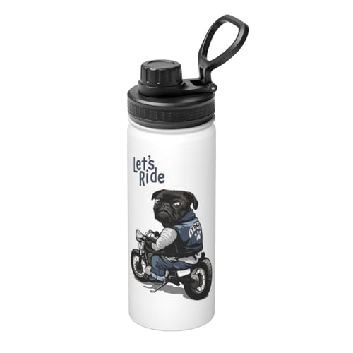 水筒 オートバイライダー パグ 犬柄 ステンレスボトル 魔法瓶 500ml 直飲み 保冷保温 真空断熱 スポーツボトル 大容量 ハンドル付き 持ち運び 漏れ防止 おしゃれ 登山 アウトドア 通勤 通学