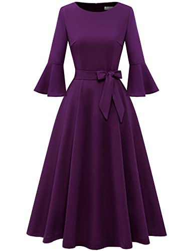 Image of HomRain Women's Church Dresses Modest Bell Sleeve Wedding Guest Cocktail Tea Party Vintage Evening Dress