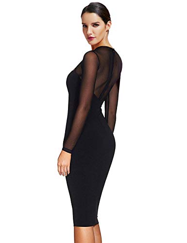 Maketina Women Midi Length Cut Out Keyhole Party Bodycon Bandage Dress with Transparent Long Sleeves2