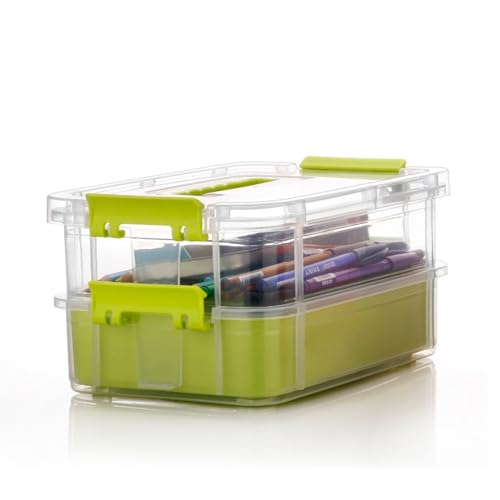 Image of plastic boxes for Storage transparent boxes for storage, Portable & Stackable Space Saving Organiser with Lid for Medicine, Jewelry, Arts & Crafts, Buttons, Beads (Green, 2 TIER WITH 1 TRAY)