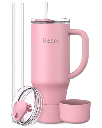 Image of Renoj Insulated Mug 100% Spill Resistant Insulated Water Bottle for Iced Coffee & Hot Drinks - Fits Car Cup Holder, Ideal Gift, 2 Straws & Silicone Boot - FlexSlide Pink 32 oz