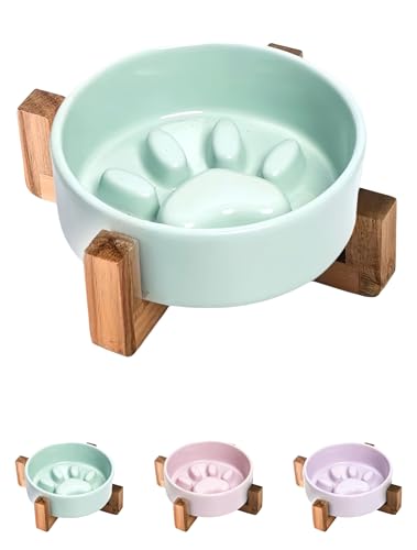 Gtzbciv早食い防止 食器 ペット ボウル 台 フードボウルスタンド犬 猫食器 陶器 犬猫用 餌入 木製 ペット皿 滑り止め 安定感 取り外し可能 (直口茶碗 窯変緑+木台)
