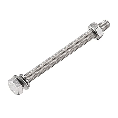 Image of uxcell M6 x 80mm Hex Head Screws Bolts, Nuts, Flat & Lock Washers Kits, 304 Stainless Steel Fully Thread Hexagon Bolts 10 Sets