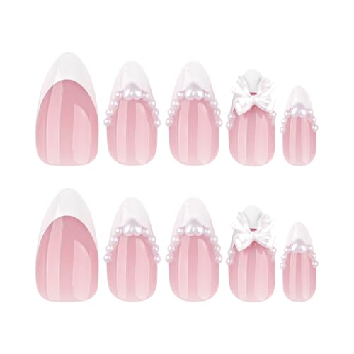 Image of Secret Lives Acrylic Press on Nails Reusable Artificial Designer Fake Nails Extension Pink 24 Pieces Set with Kit (White Pearl, Pink)