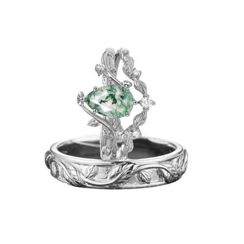 Natural Moss Agate Couple Wedding Ring Set for Her and Him S925 10K 14K 18K Gold Green Moss Agate Couple Matching Engagement Ring Set for Men and Women 3pcs Anniversary Bridal Rings Sets4