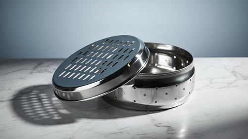 Image of Stainless Steel Green Coriander Storage Box Curry Leaves Box Set, Sprouts with air Ventilation Food containers Silver Dabba Flat Box Steel Dabba (Grater Dabba Large)