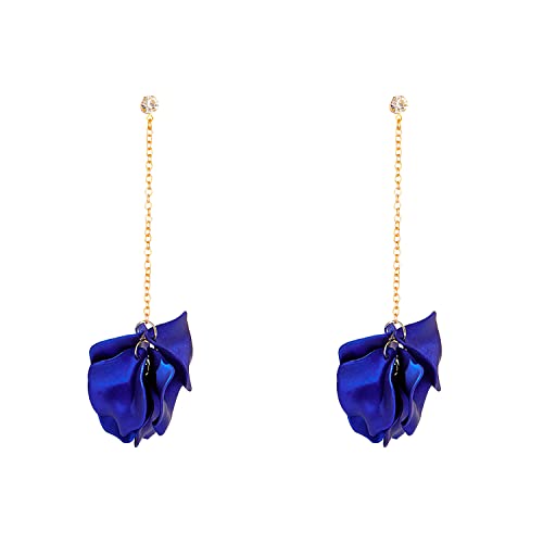 Dangle Acrylic Petal Tassel Earrings Long Rhinestone Rose Flower Floral Tassel Earrings for Women (Blue)