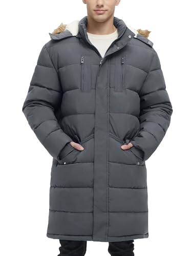 Rejork Men's Extra Long Fleece Puffer Jacket Outerwear Winter Coats Hooded Parka Warm Water-resistant Cold Weather Grey L