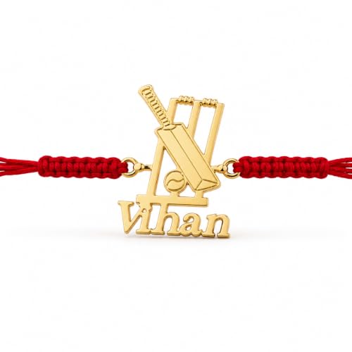 Image of Sports rakhi with name for Brother | name rakhi for brother | Cricket, Football, Batminton & More Sports Designs | Raksha Bandhan Gift for Bhai. (Cricket Bat & Wicket)