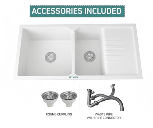 Image of ARQUIN Double Bowl Quartz With Drainboard Kitchen Sink 45x20x9 Inch | Undermount,Topmount | Including Coupling,Sink Connector,Waste Pipe & Fruit Washing Basket