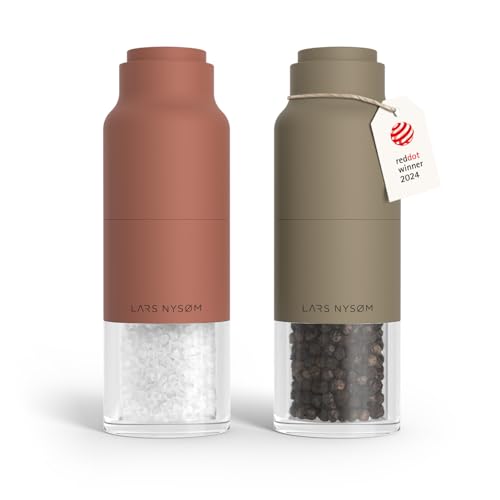 Image of LARS NYSOM Salt and Pepper Grinder Set, Stainless Steel Manual Salt and Pepper Mills, Adjustable Ceramic Grinder, Design Spice Shakers (Red /Brown)