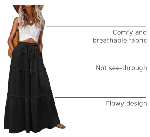 Image of Lepunuo Womens Casual Boho High Waisted Flowy Maxi Skirts Tiered Floral Long Skirts with Pockets for Summer Beach Vacation