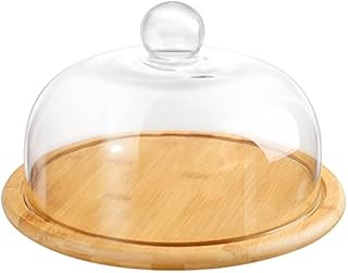 Veemoon Wooden Cake Stand with Dome, Household Plate Wooden Tray with Glass Cover Glass Dome with Wooden Base Cake Stand Display Dome Cloche Clear Glass Bell Jar Wood Cake Display Tray (10.22 in)
