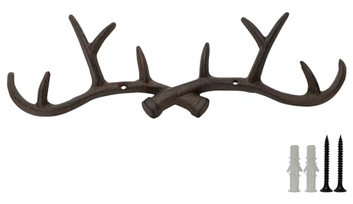 Woodside 10 Hook Cast Iron Wall Mounted Deer Antler Hanging Hooks, Coat Hanger Rack for Jackets, Hats, Keys