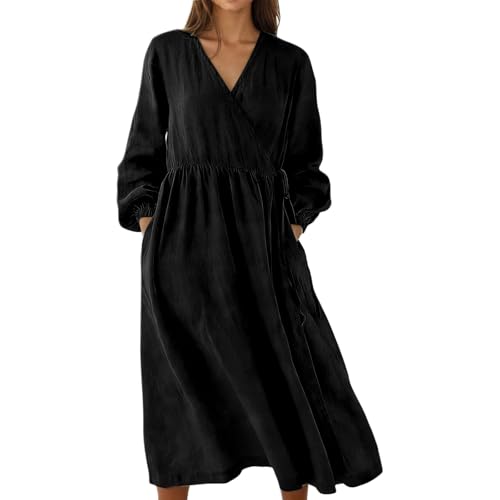 Robe d'été longue pour femme fluide col en V couleur unie