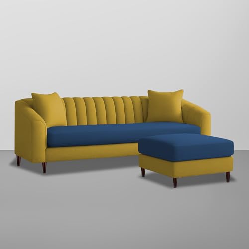 Image of Casaliving Doraldo 4 Seater L Shape Convertible Sofa Set for Living Room, 3 Seater & Ottoman Modular Sectional Couch for Small Space (Blue Yellow Colour) Fabric