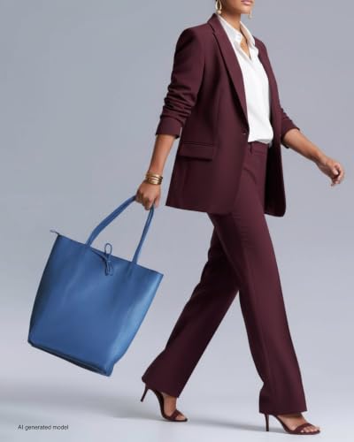 Image of Genuine Italian Leather Tote Bag for Women, Large Slouchy Purse, Blue | Unstructured bag, raw unlined interior with zip pocket, top zipper, side ties, folds flat, fits a 16-inch laptop, lightweight