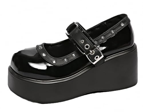 Image of Women's Platform Mary Janes Heart Cat Buckle Rivets Ankle Lolita Gothic Princess Platform Pumps Patent Leather Thorn Vintage Traditional Embroidery Upper Dress Shoes