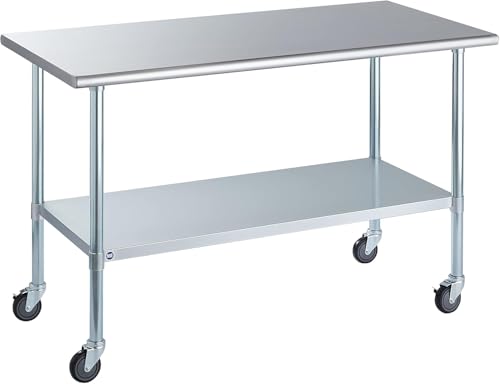 Image of ROCKPOINT Stainless Steel Table for Prep & Work with Caster Wheels 30x60 Inches, NSF Metal Commercial Kitchen Heavy Duty Table with Adjustable Under Shelf and Table Foot for Restaurant, Home and Hotel