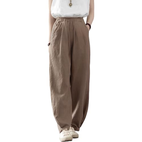 Akivide Linen Pants for Women Summer Beach Casual Baggy Elastic Waist Comfy Straight Trousers with Pockets