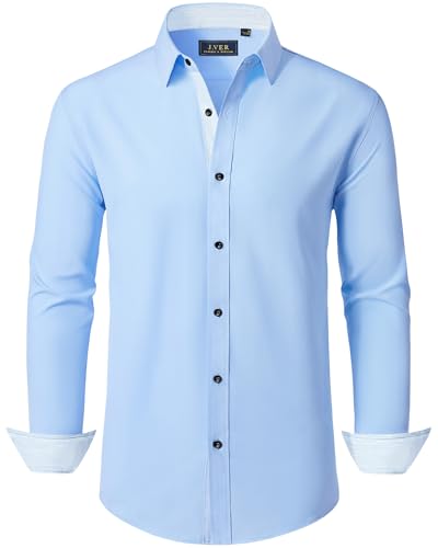 J.VER Hemd Herren Regular Fit Businesshemd Freizeit Langarmhemd Männer Knopfleiste Hemden Bügelleichtes Elastiscer Shirt,Hellblau,L