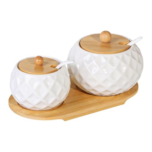 Fvstar Azucarero de cerámica con tapa y cuchara, azucarero de porcelana con bandeja de bambú, 2 recipientes de especias para encimera de cocina, tarros de almacenamiento de azúcar para café, especias,