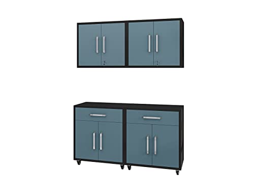 Image of Manhattan Comfort Eiffel Garage Cabinets and Storage System, Set of 4, Matte Black and Aqua Blue