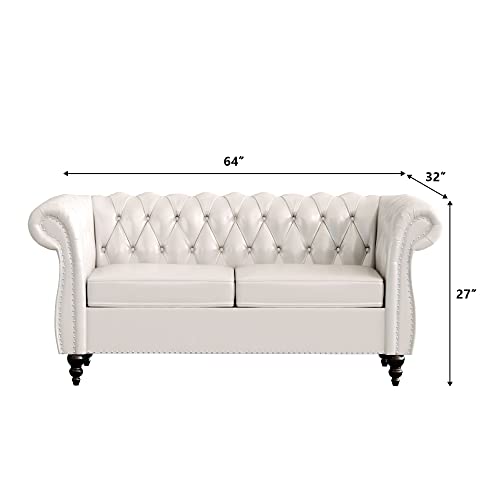 Image of LEVNARY Leather Sofa, Chesterfield Tufted Upholstered 2 Seater Couch, Modern Loveseat Couch Classic Furniture for Living Room Bedroom (Cream White)