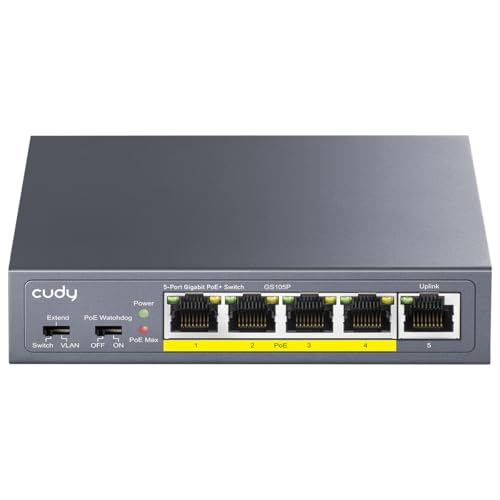 Cudy GS105P 5 Port Gigabit PoE Switch 4 PoE+ 36W Desktop/Wall Mount Plug and Play Sturdy Metal / Shielded Ports Fanless Traffic Optimization