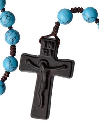 Sine Cera Turquoise/Jujube Wood 5 Decade Catholic Rosary, Laser Engraved Crucifix/Double-sided Centerpiece, Smooth 8mm Beads - Image 2