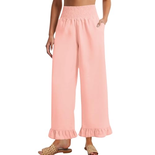 Image of Palazzo Pants for Women Linen Smocked Elastic Waist Ruffle Wide Leg Pants Summer Beach Flowy Boho Pant with Pockets