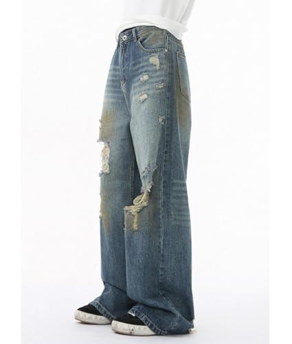 Men's Wide Leg Jeans Mid-Rise Casual Ripped Vintage Dyed Straight Floor-Mopping Denim Trousers with Pockets2