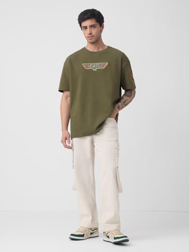 Image of The Souled Store Top Gun: Men and Boys Short Sleeves Round Neck Casual Streetwear Drop Shoulder Cotton Oversized T-Shirt