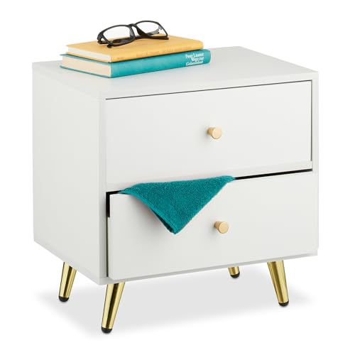 Relaxdays Nachttisch, 1 Stück, 2 Schubladen, HxBxT: 41,5 x 40 x 32,5 cm, Schlaf- & Gästezimmer, Nachtschrank, weiß/Gold