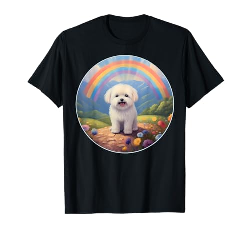 Un simpatico monumento commemorativo al ponte arcobaleno per cani bolognesi per gli amanti degli animali domestici. Con un simpatico cucciolo bolognese in un colorato campo di fiori con un arcobaleno sopra la testa e montagne sullo sfondo.